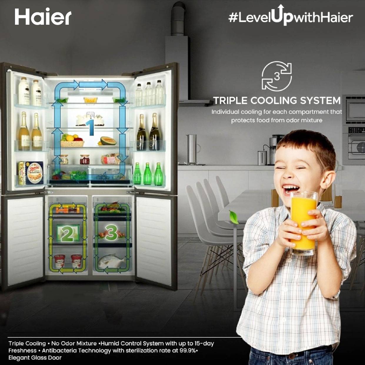 Fruit shakes made fresher! Thanks to Haier Triple Cooling Refrigerator, built with up to 3 individual cooling system so the smell of your food won’t mix and spread. Now that’s smart living.